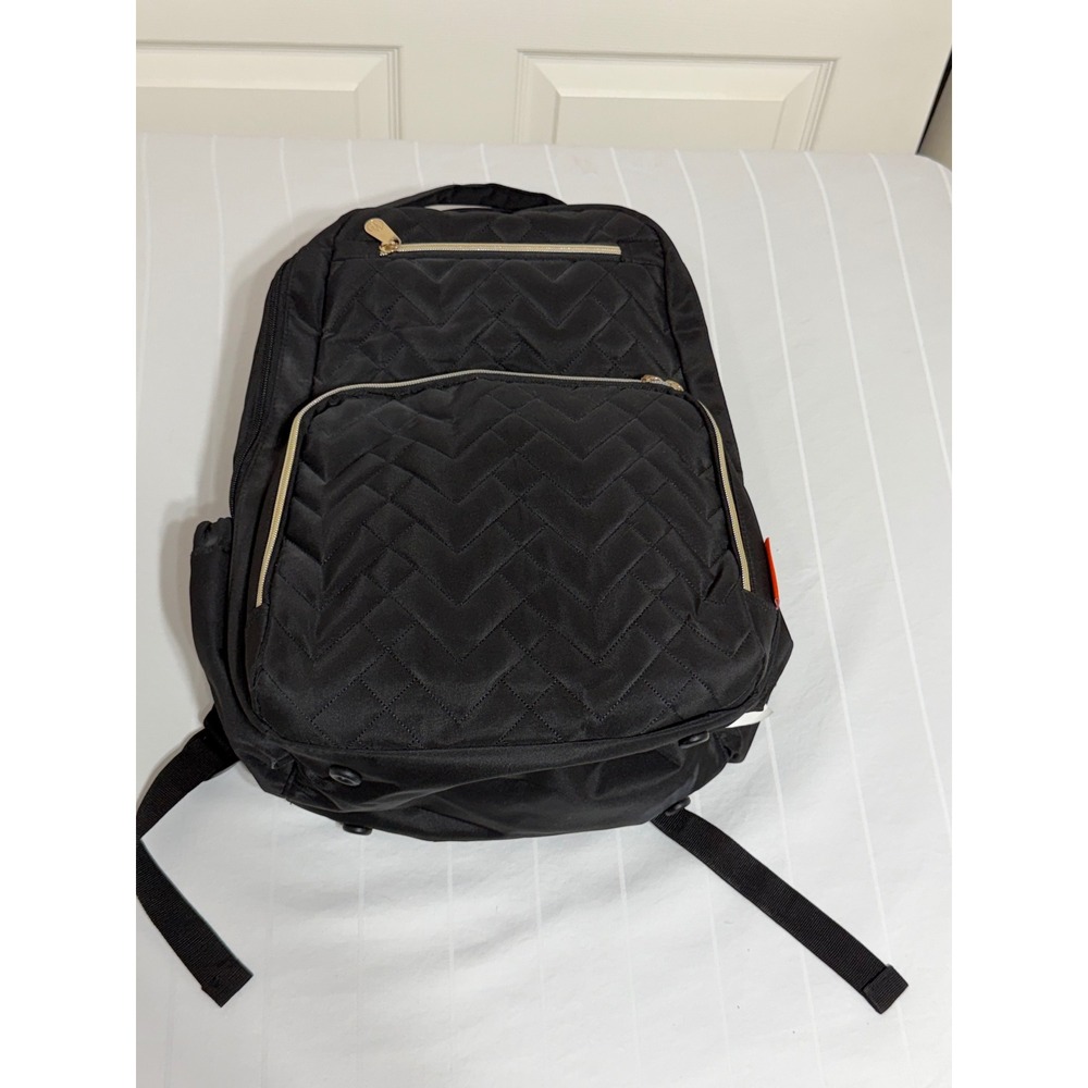 Fisher Price Diaper Bag Backpack Black QuiltedChevron Gold Hardware Multi-Pocket